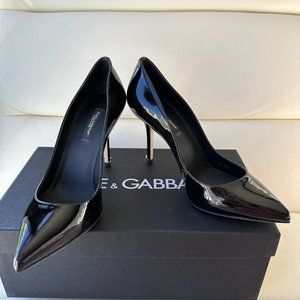 NEW DOLCE&GABBANA Black Patent Leather DG Pumps Heels Shoes - EU37/US6.5